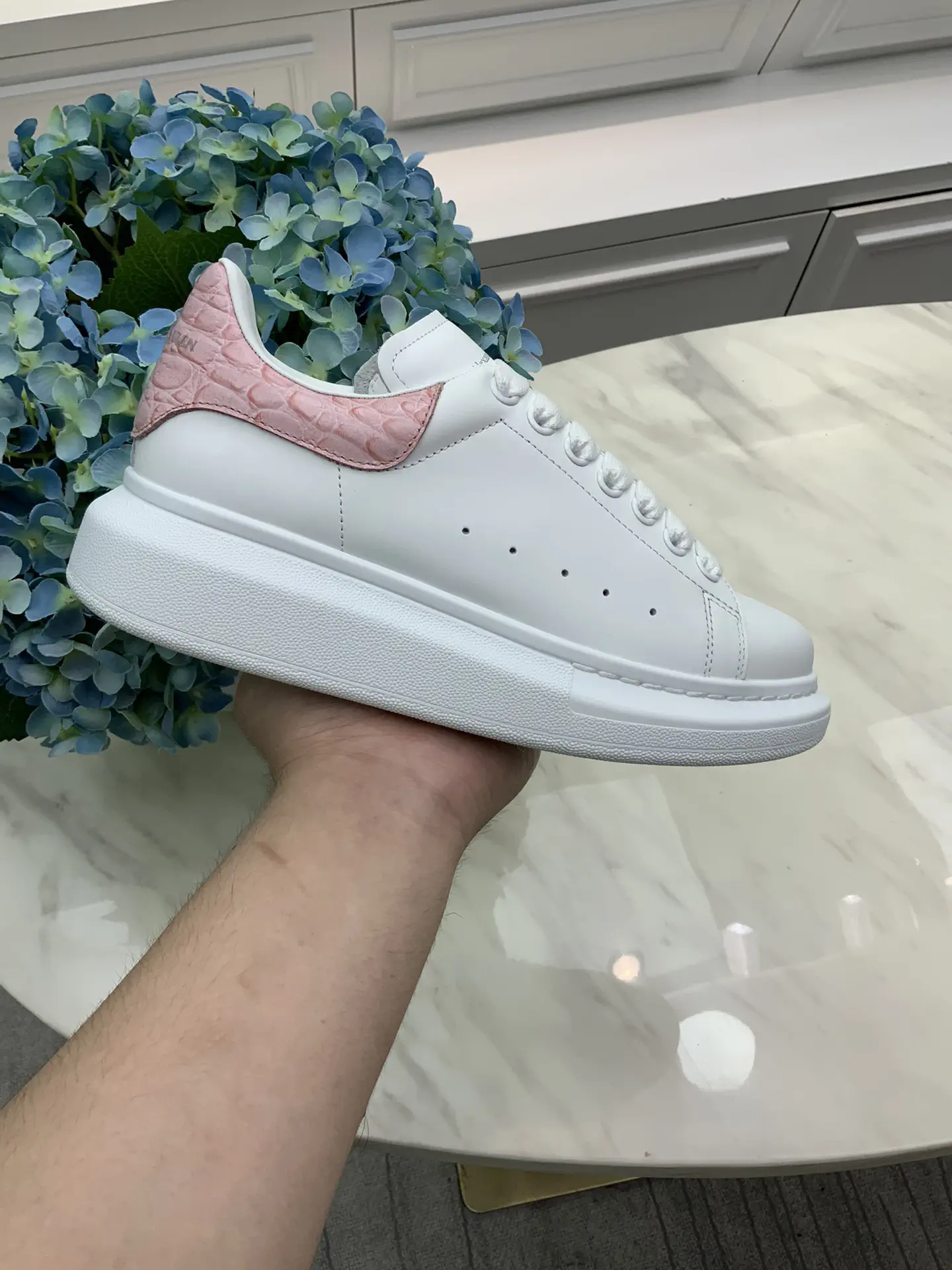 White Leather Platform Sneakers with Pink Heel Tab image 1
