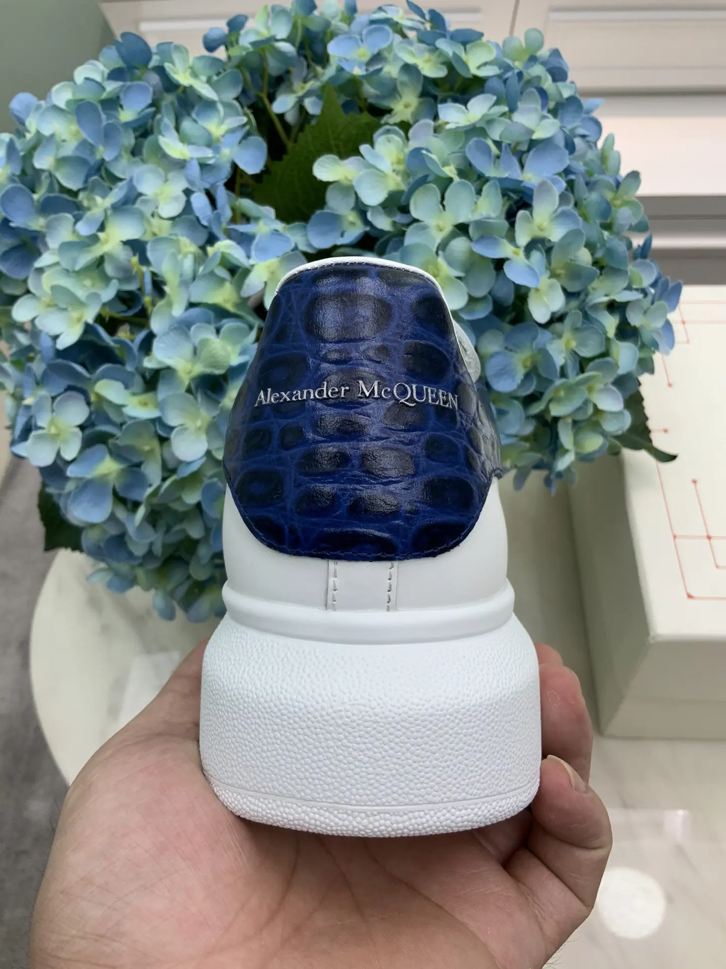 White Leather Casual Sneakers with Navy Croc-Embossed Heel Tab image 1