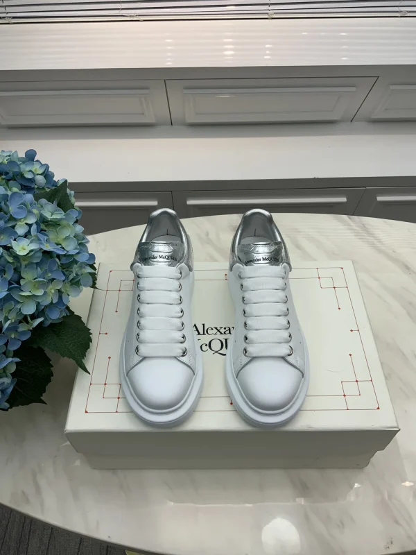 White Leather Low-Top Sneakers with Silver Heel Tab image 1