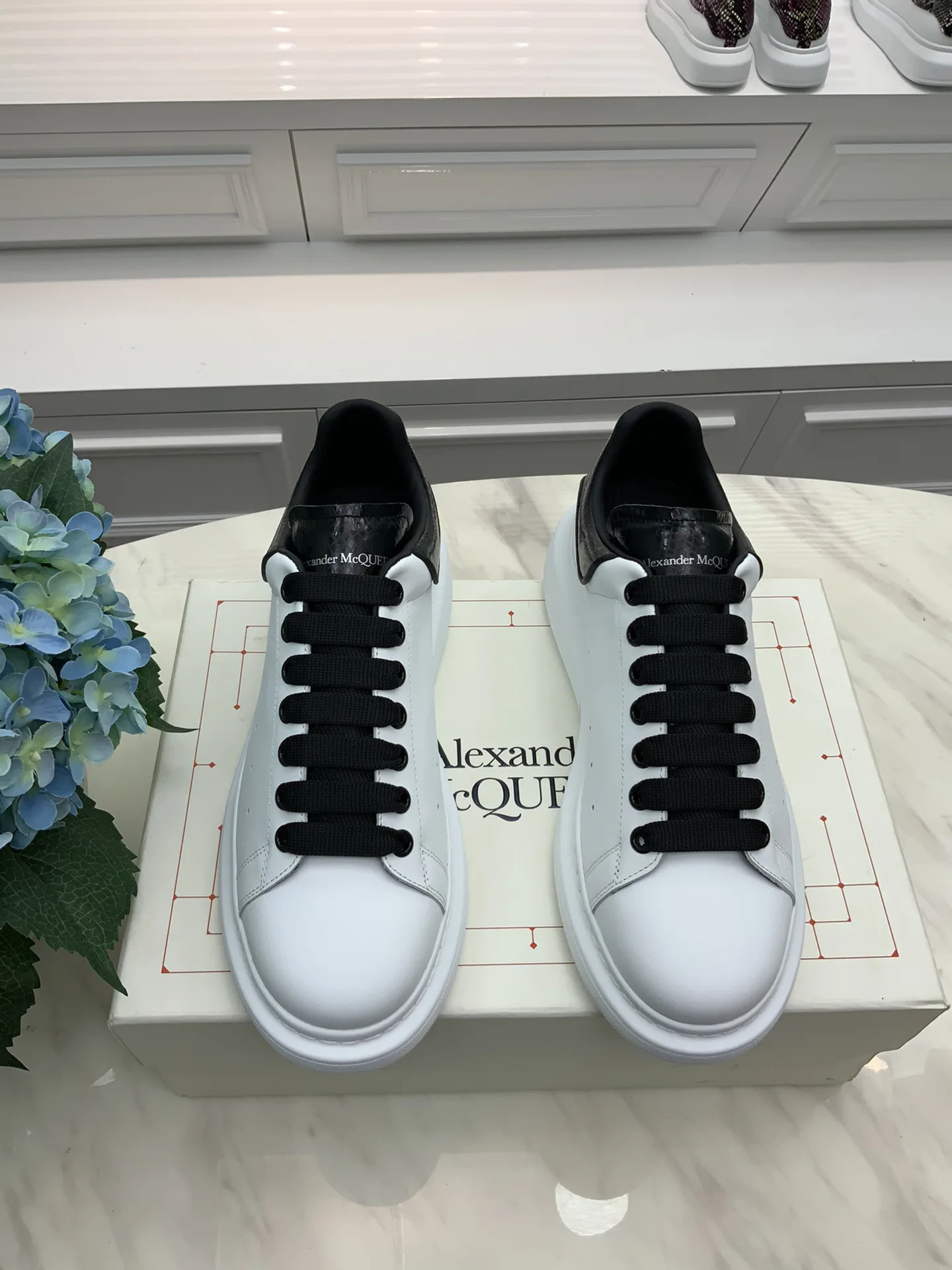White Leather Platform Sneakers with Black Laces image 1