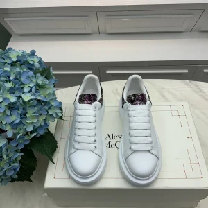 White Sneakers with Snake Print Heel Tabs image 1