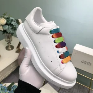 White Leather Platform Sneakers with Rainbow Laces image 1