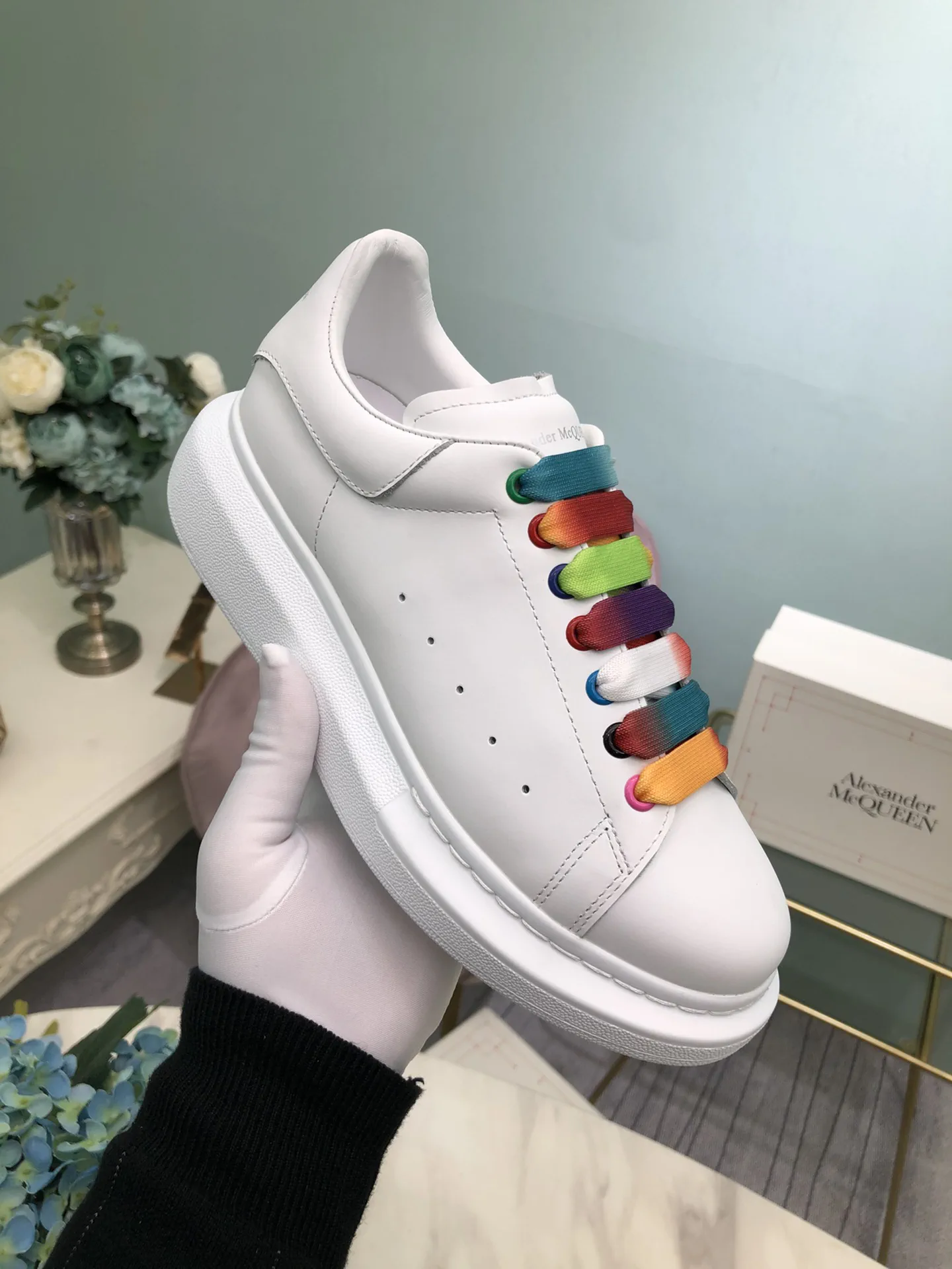 White Leather Platform Sneakers with Rainbow Laces image 1