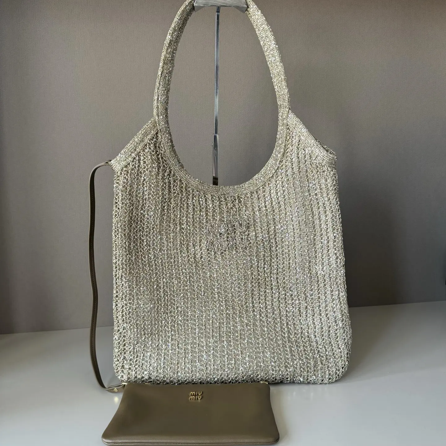 Miu Miu Sequin Mesh Shoulder Bag with Detachable Leather Pouch image 1