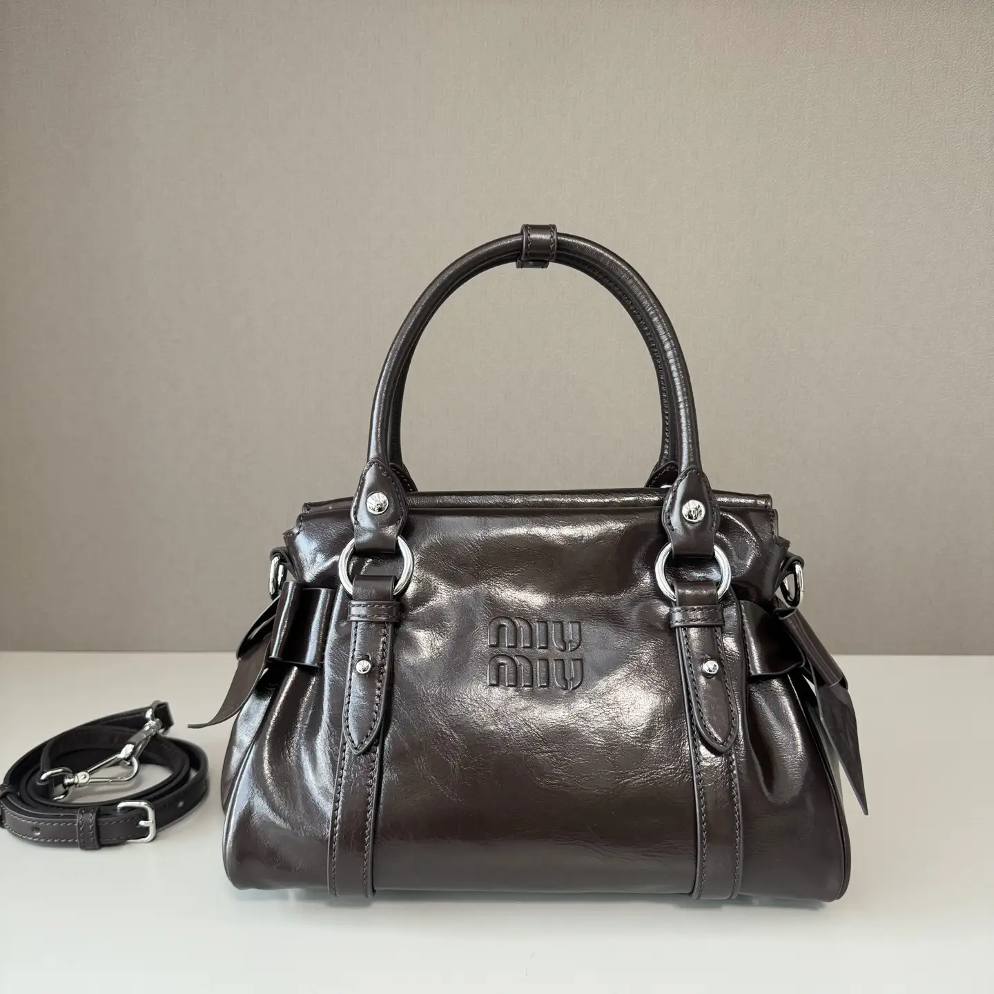 Miu Miu Dark Brown Leather Top Handle Bag with Bow Details image 1