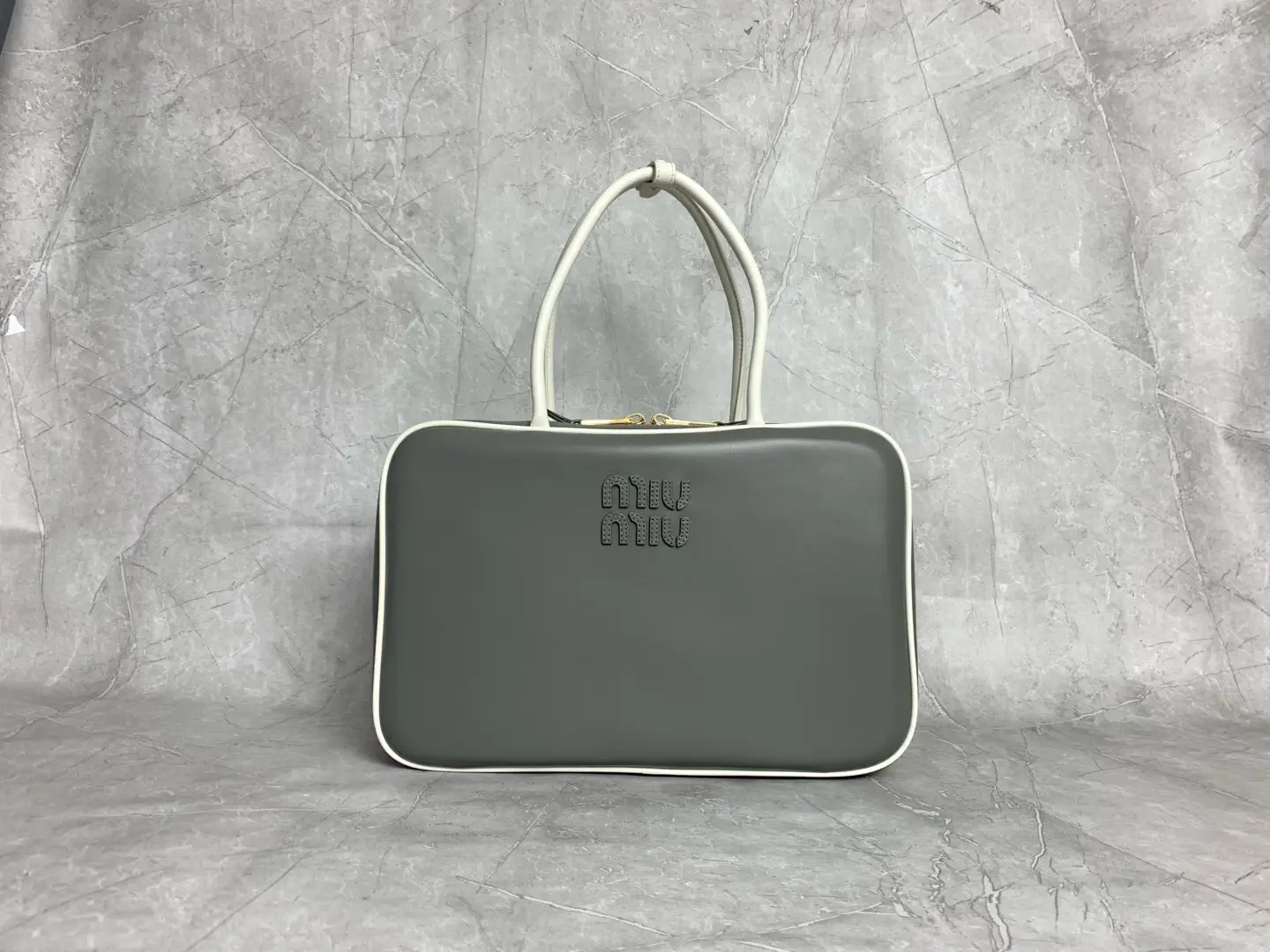Miu Miu Gray Top Handle Bag with White Trim image 1