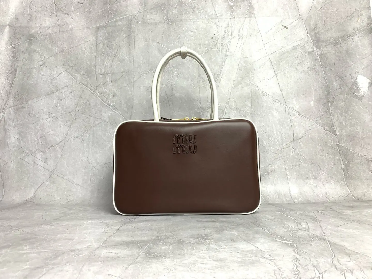 Miu Miu Brown Top Handle Bag with White Trim image 1