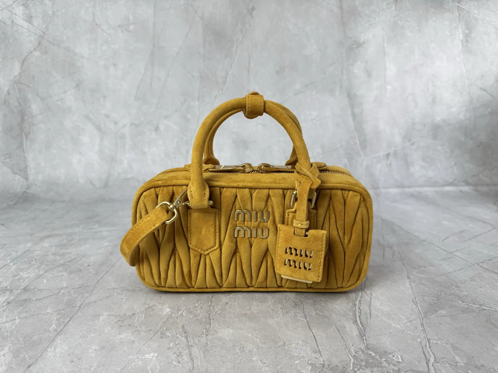 Miu Miu Mustard Yellow Quilted Suede Top Handle Bag image 1