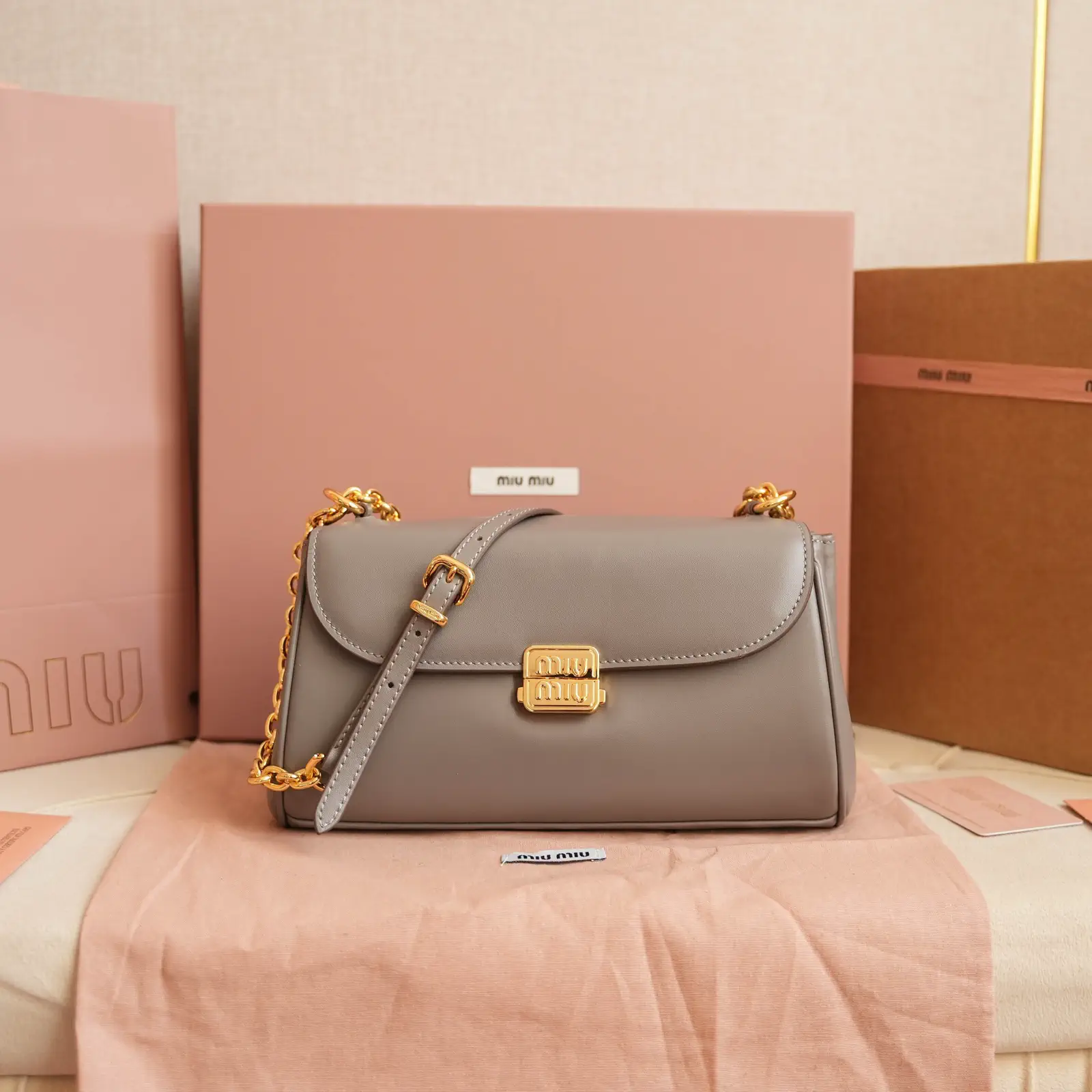 Miu Miu Taupe Leather Shoulder Bag image 1