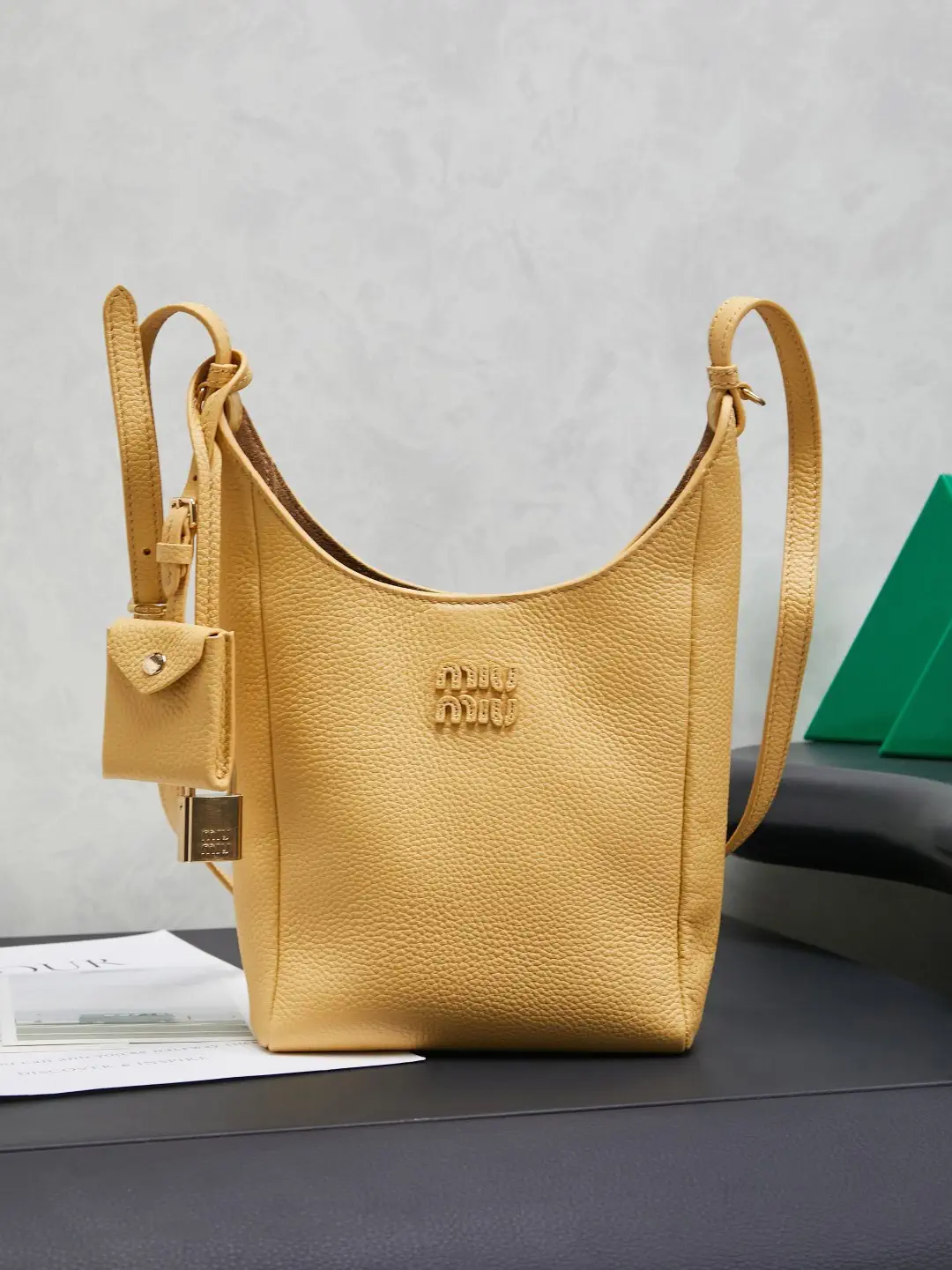 Miu Miu Yellow Leather Shoulder Bag with Mini Pouch Charm image 1
