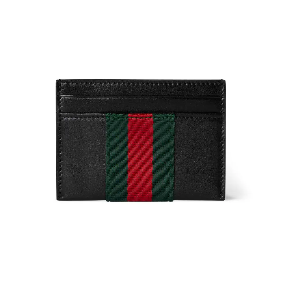 Gucci Black Leather Card Holder with Web Stripe image 1