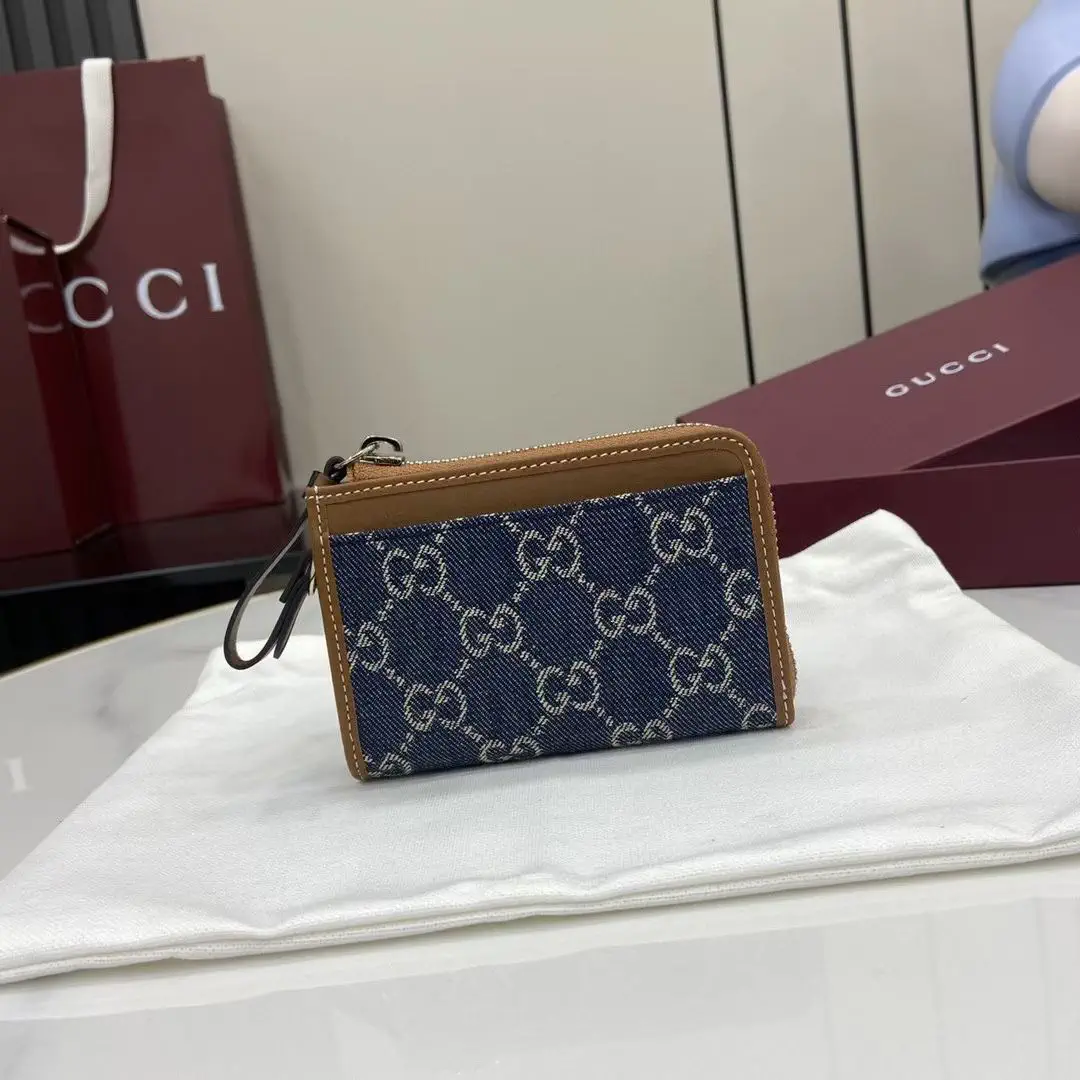Gucci GG Emblem Denim Card Holder with Leather Wrist Strap image 1