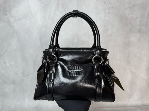 Miu Miu Black Leather Top Handle Bag with Bow Details image 1