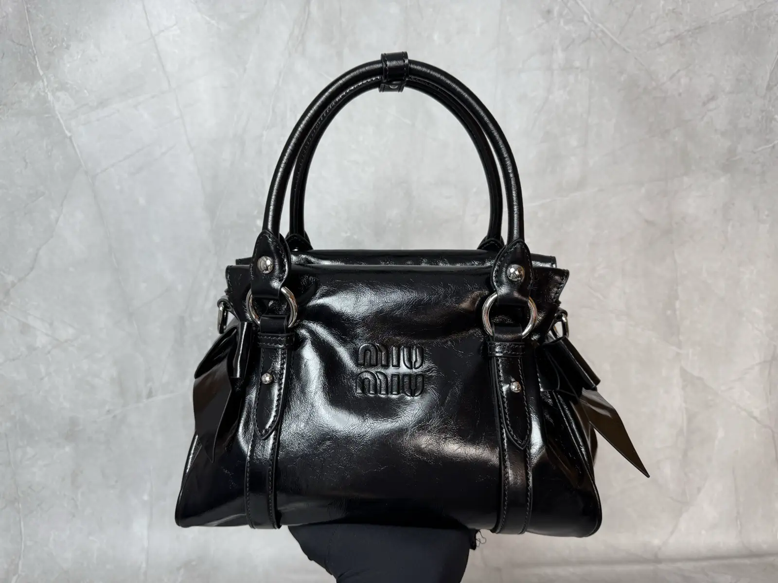 Miu Miu Black Leather Top Handle Bag with Bow Details image 1