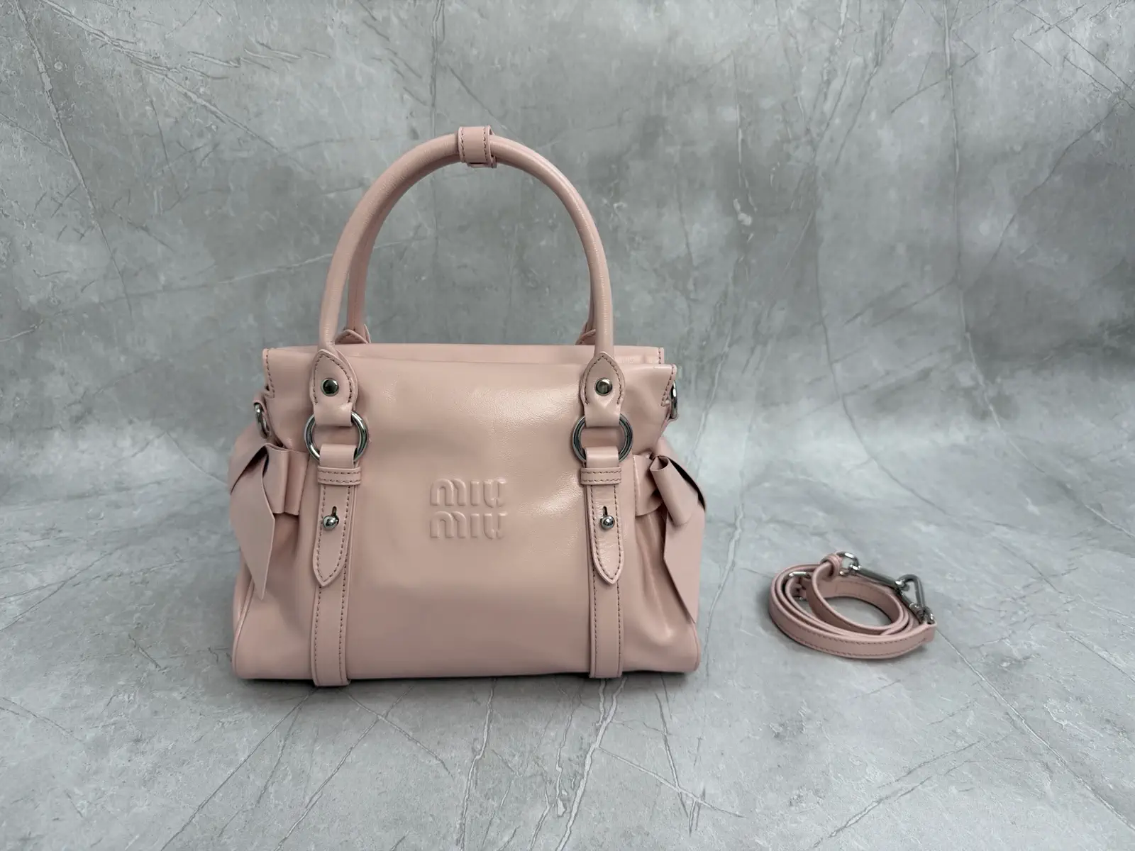 Miu Miu Pink Leather Top Handle Bag with Bow Details image 1