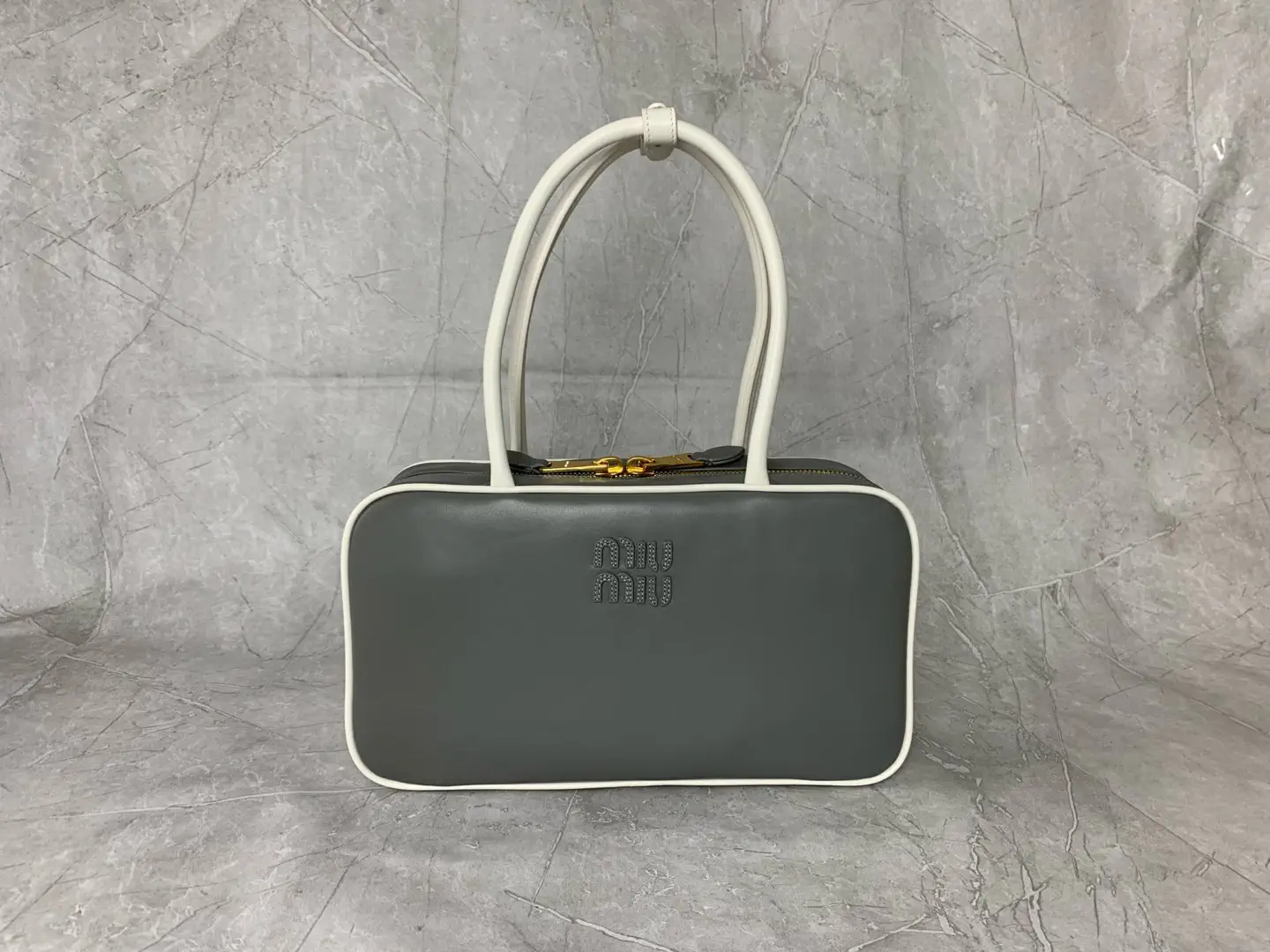 Miu Miu Gray Top Handle Bag with White Trim image 1