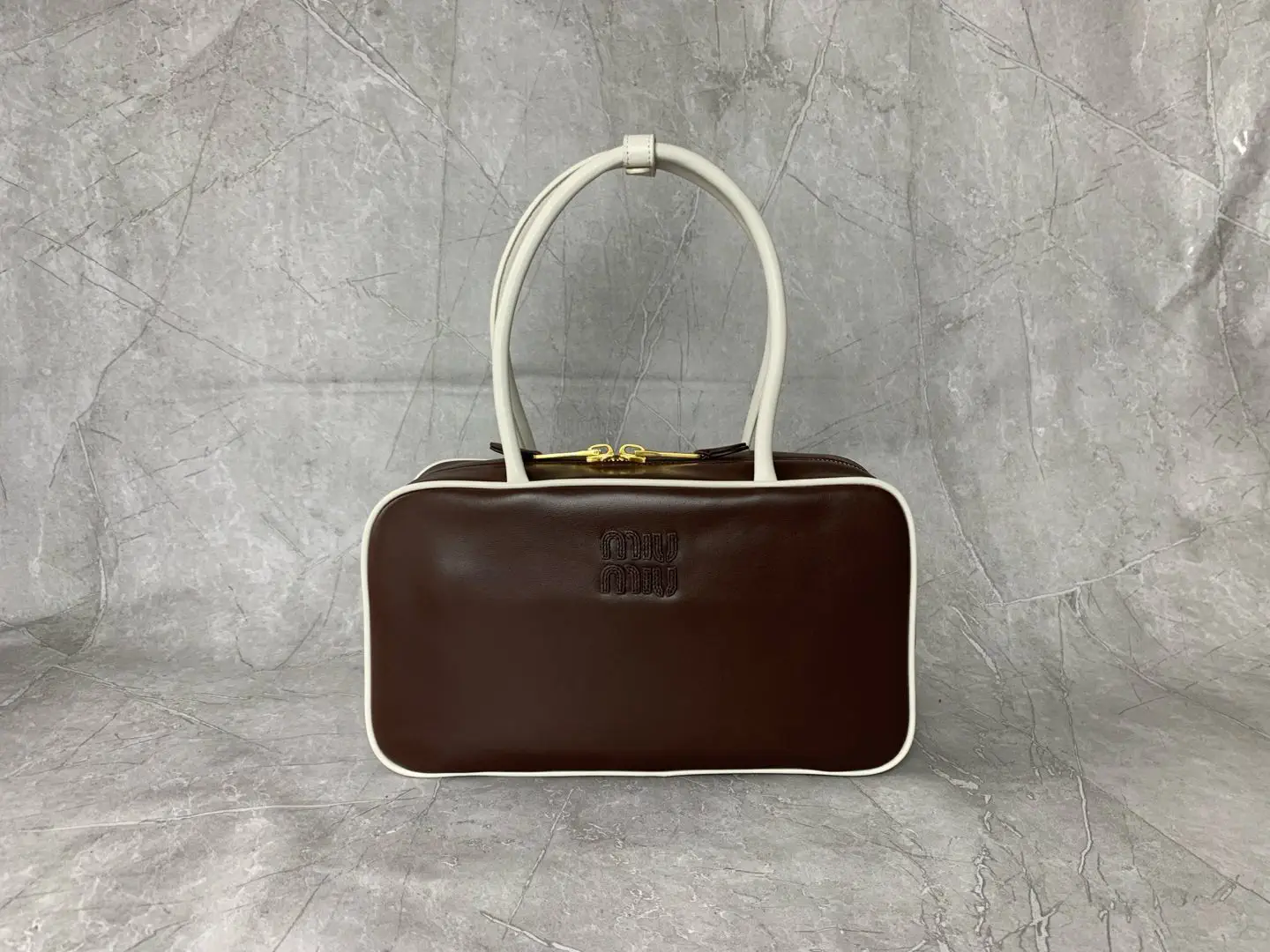 Miu Miu Brown Top Handle Bag with White Trim image 1