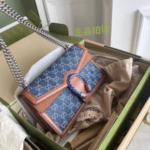 Gucci Denim Monogram Shoulder Bag with Brown Leather Trim image 1