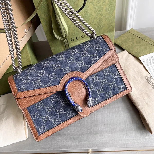Gucci Denim Monogram Shoulder Bag with Brown Leather Trim image 1