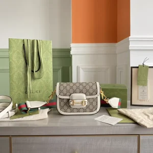Gucci Horsebit 1955 Mini Bag with White Trim and Monogram Canvas image 1
