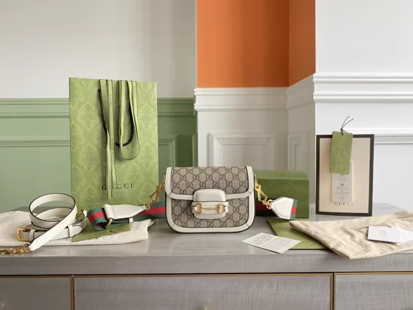 Gucci Horsebit 1955 Mini Bag with White Trim and Monogram Canvas image 1