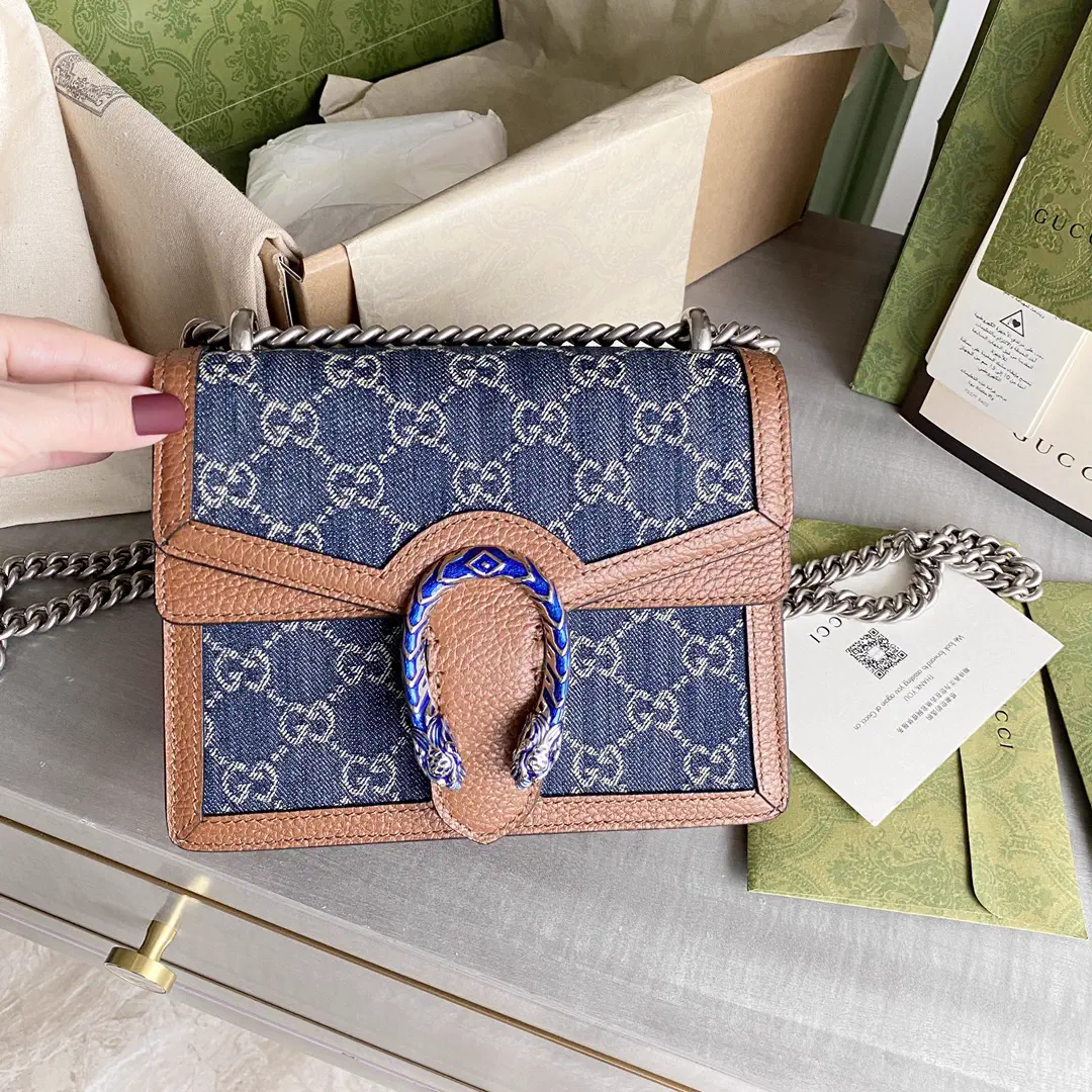 Gucci Denim Monogram Shoulder Bag with Brown Leather Trim image 1