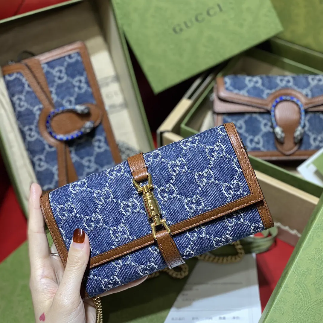 Gucci Denim Monogram Wallet with Chain image 1