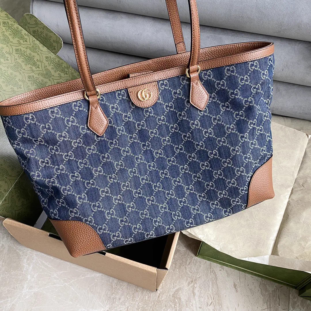 Gucci GG Monogram Denim Tote Bag with Brown Leather Trim image 1
