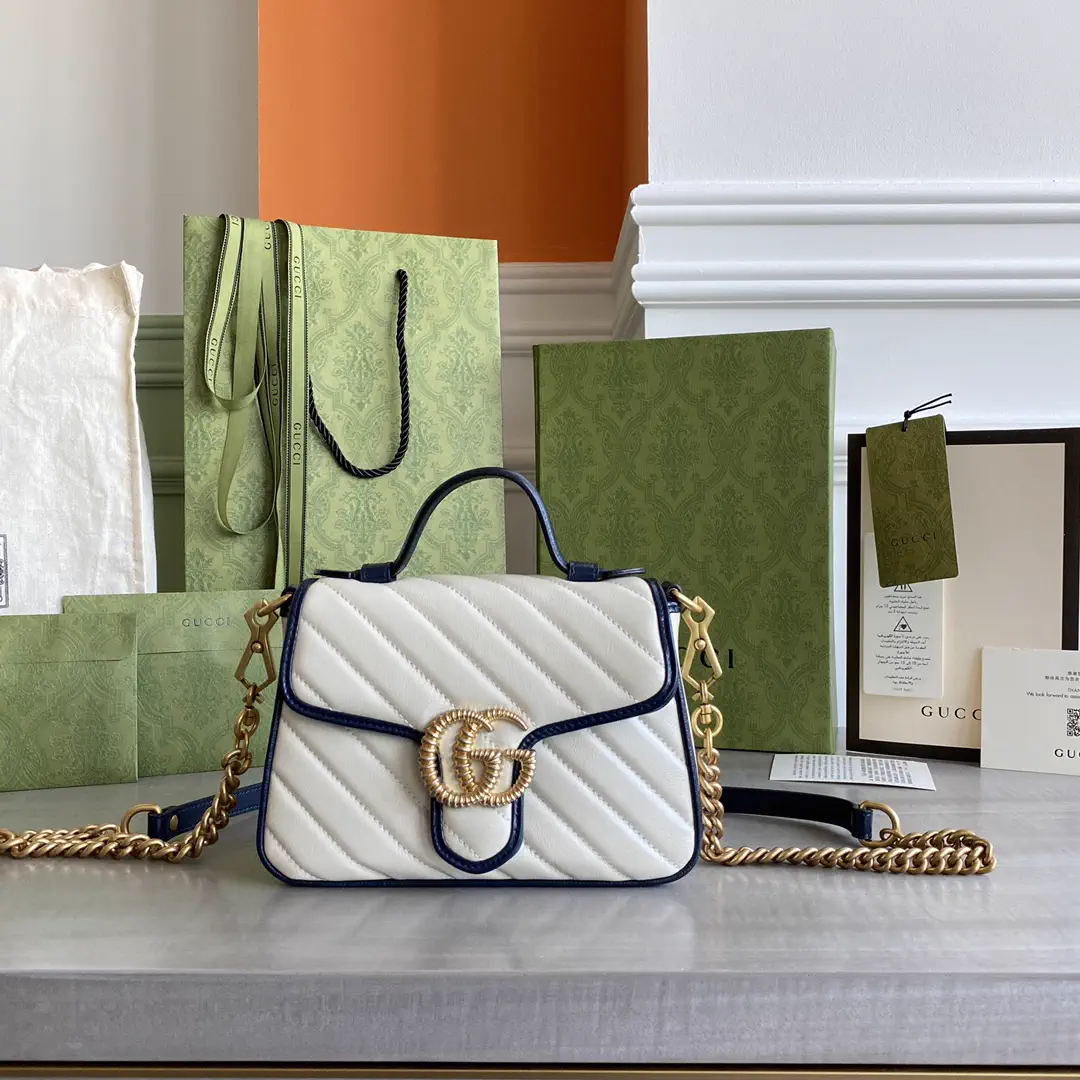 Gucci White with Navy Trim Quilted Top Handle Bag image 1