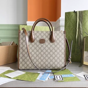 Gucci GG Supreme Small Tote Bag with Brown Leather Trim image 1