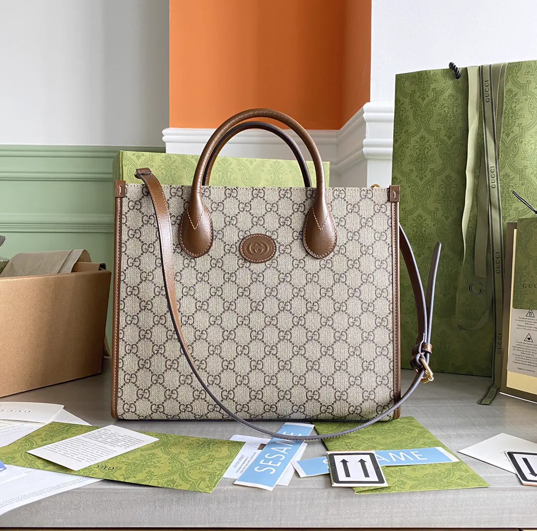 Gucci GG Supreme Small Tote Bag with Brown Leather Trim image 1