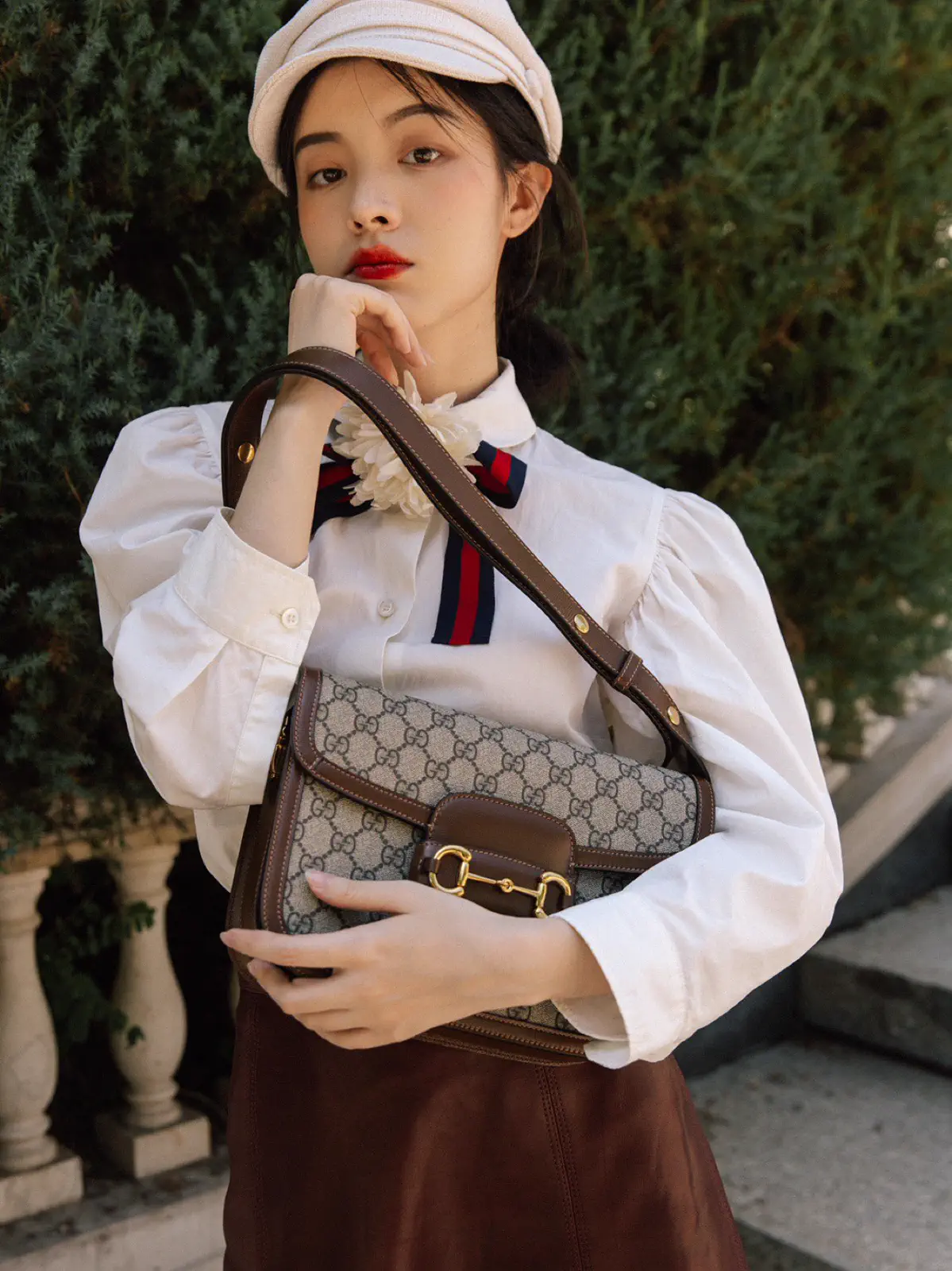Gucci Monogram Shoulder Bag with Brown Leather Trim image 1