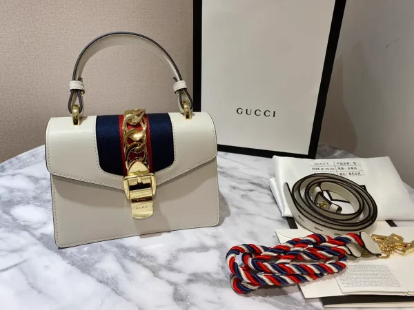 Gucci White Sylvie Top Handle Bag with Web Stripe image 1
