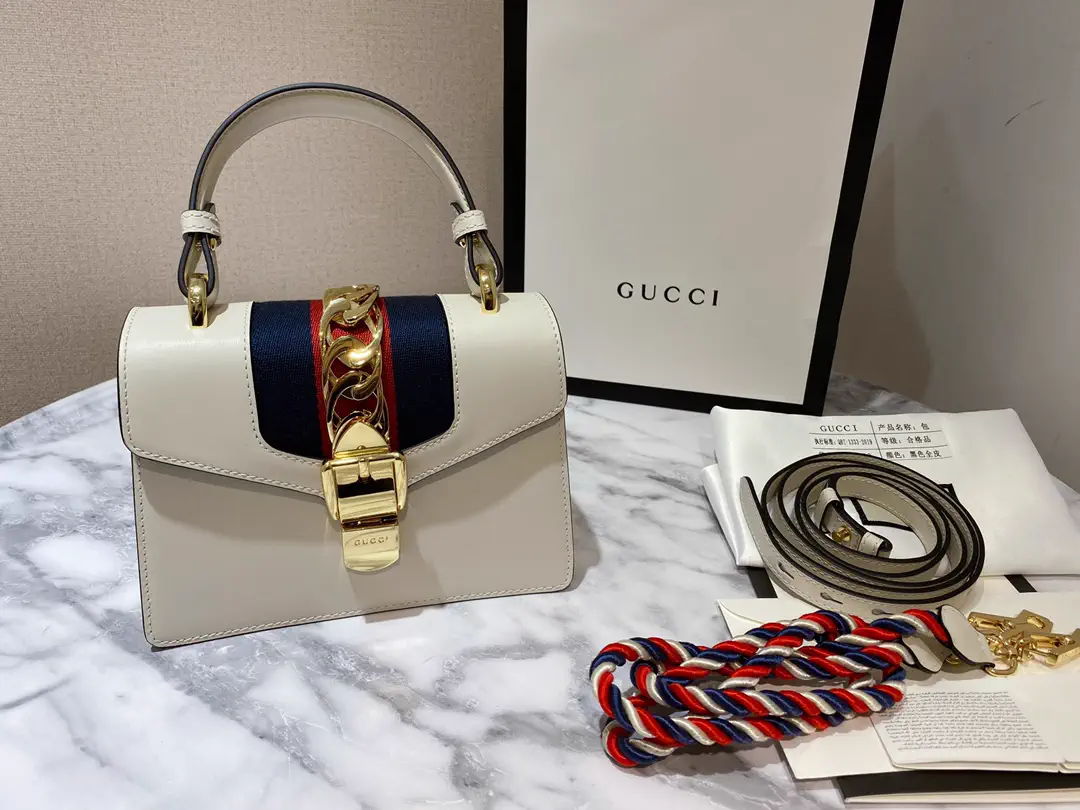 Gucci White Sylvie Top Handle Bag with Web Stripe image 1