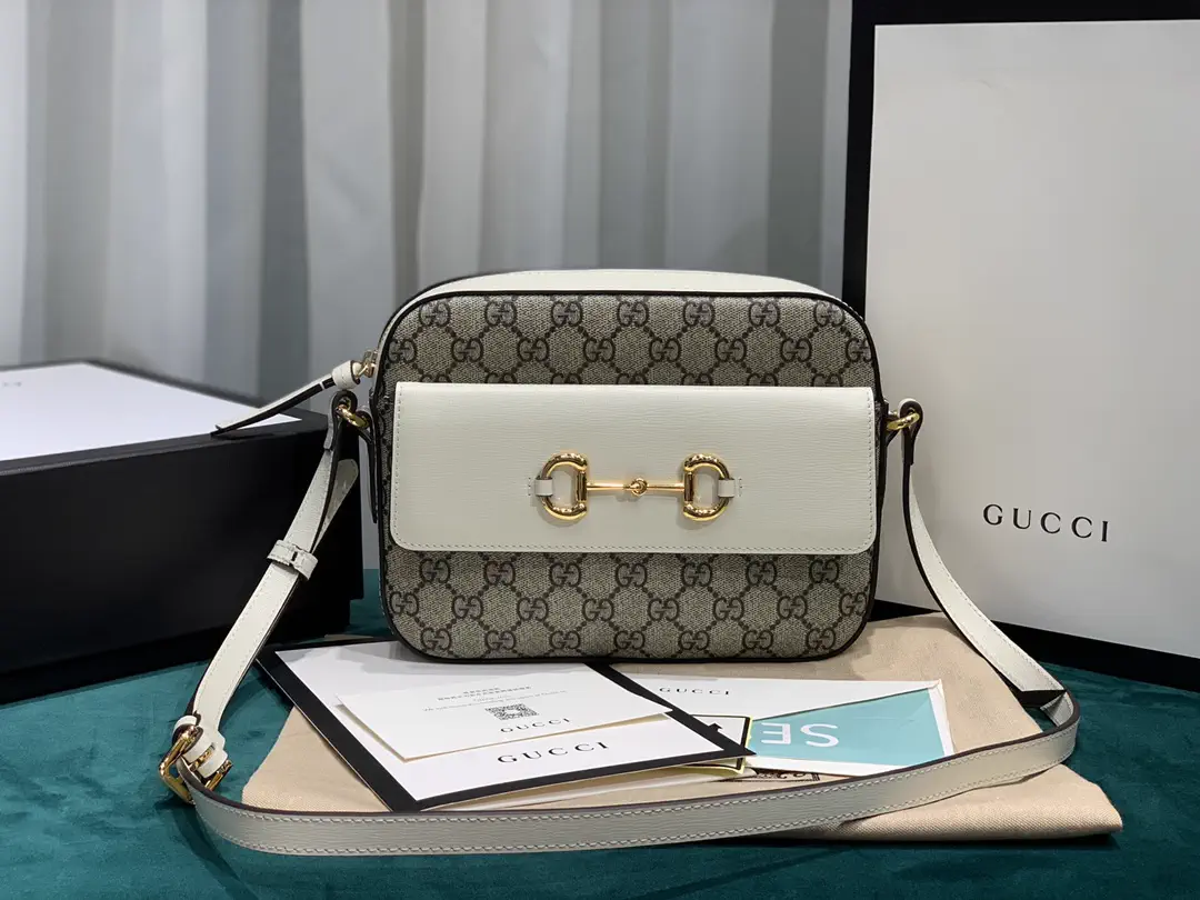 Gucci Horsebit 1955 GG Canvas Shoulder Bag with White Leather Trim image 1