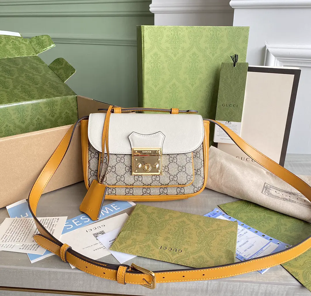 Gucci Monogram Crossbody Bag with White Flap and Yellow Trim image 1