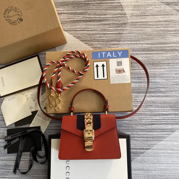 Gucci Red Leather Top Handle Bag with Web Stripe and Chain Lock image 1