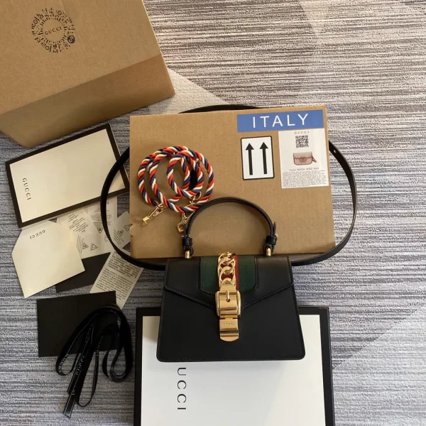 Gucci Black Leather Top Handle Bag with Web Stripe image 1