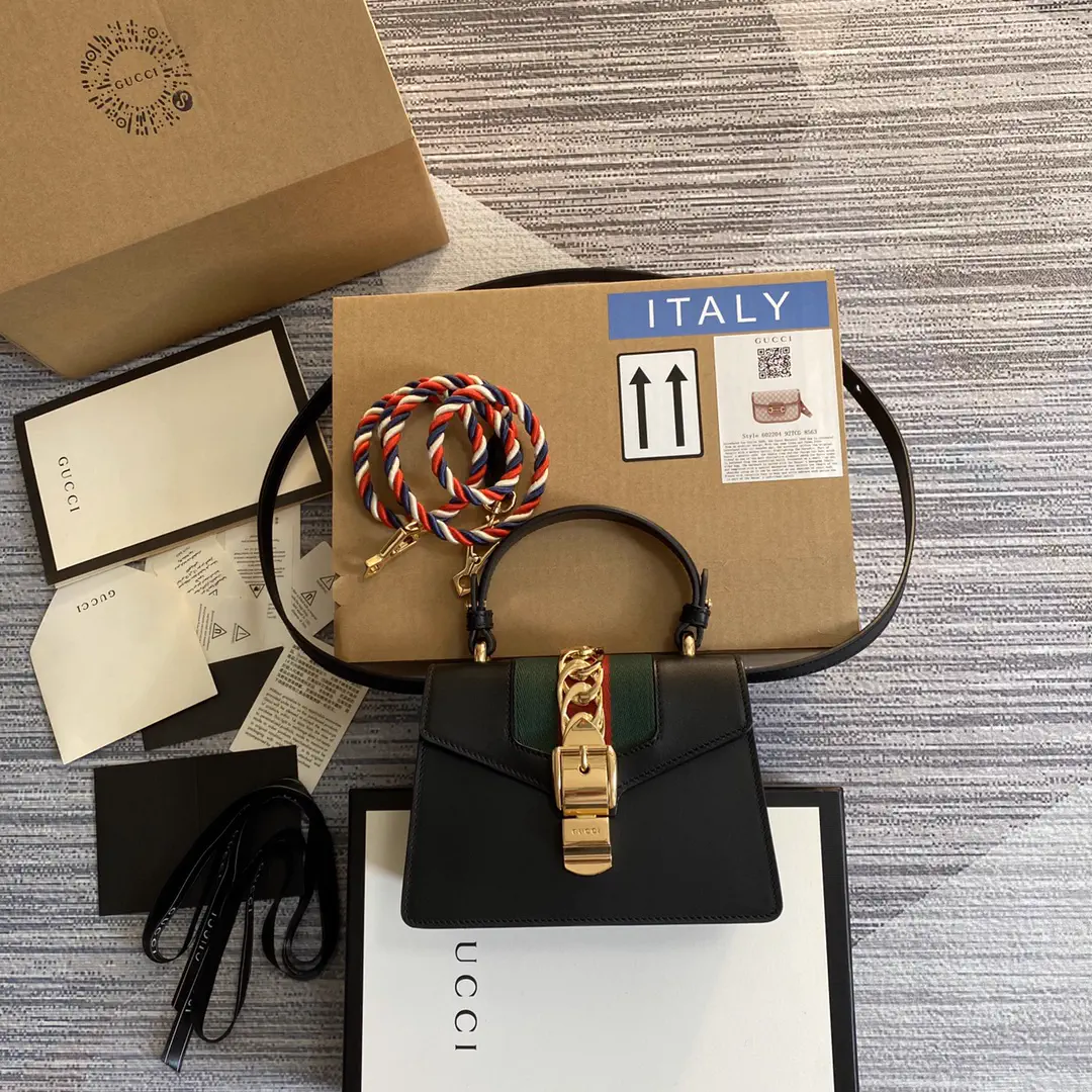 Gucci Black Leather Top Handle Bag with Web Stripe image 1