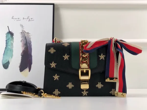 Gucci Black Bee Star Print Shoulder Bag with Web Stripe and Bow Detail image 1