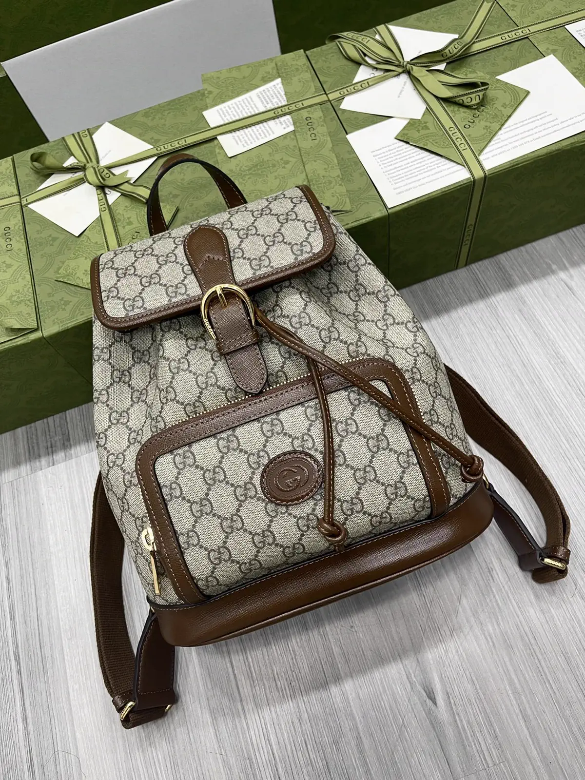 Gucci GG Monogram Canvas Backpack with Brown Leather Trim image 1