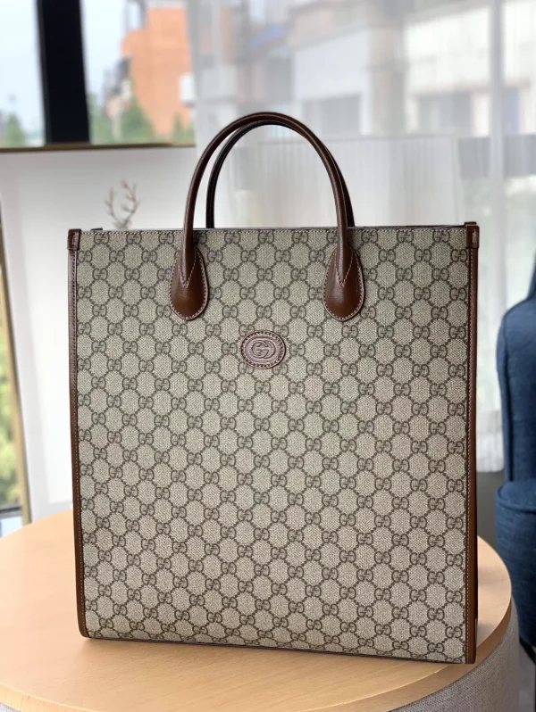 Gucci GG Monogram Tote Bag with Brown Leather Trim image 1