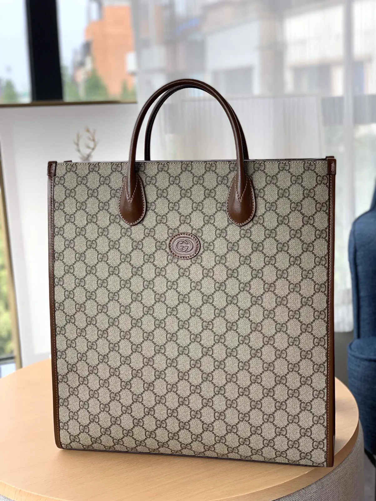 Gucci GG Monogram Tote Bag with Brown Leather Trim image 1