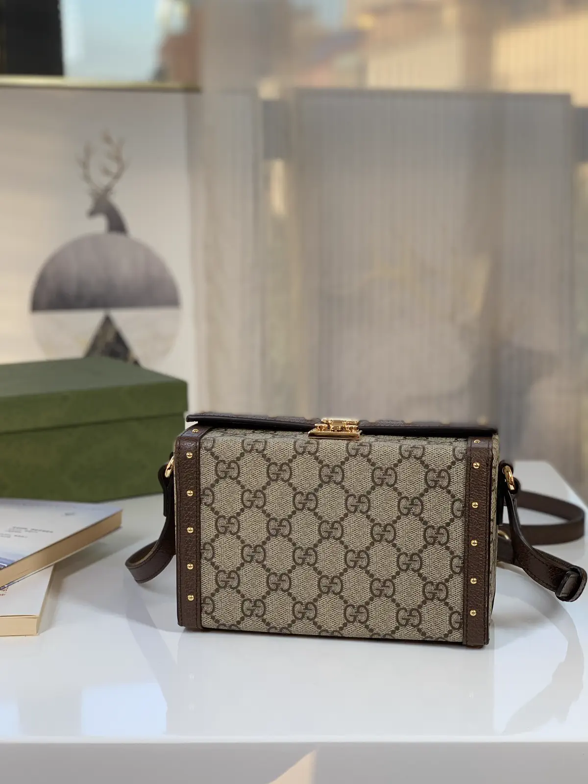 Gucci GG Monogram Box Crossbody Bag with Brown Leather Stud Trim image 1