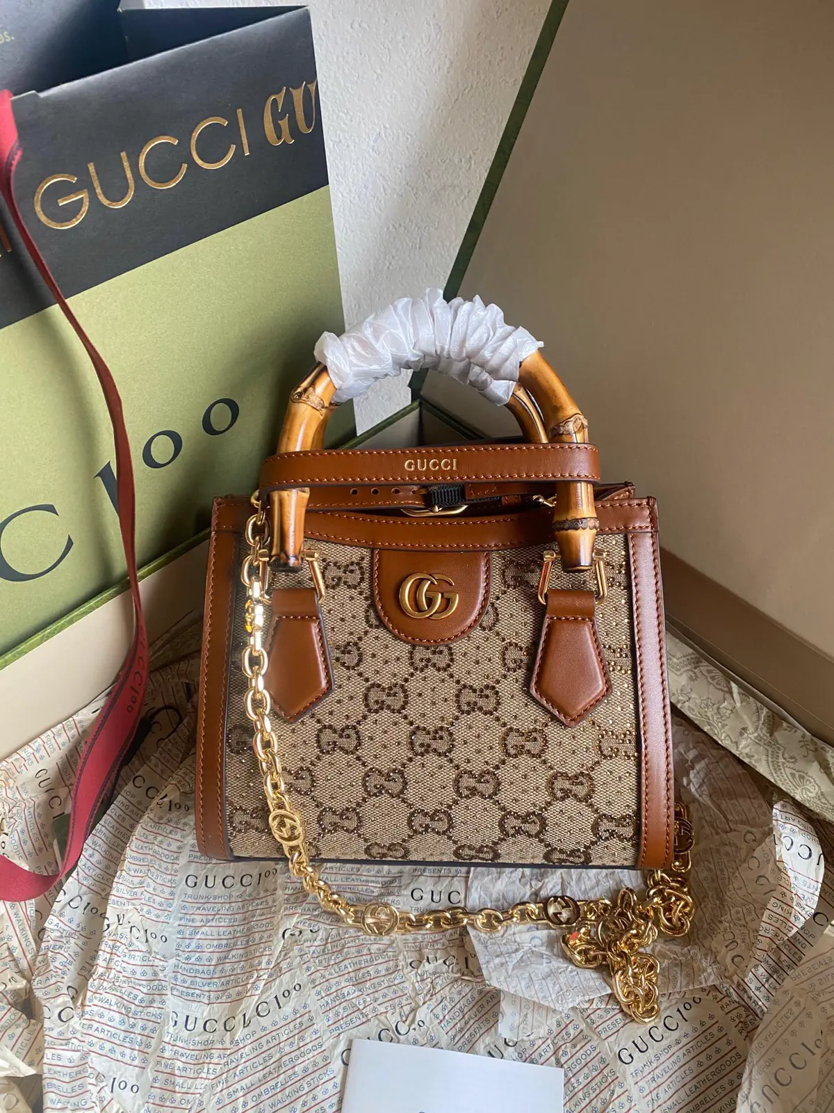 Gucci Diana Mini Top Handle Bag with GG Canvas and Crystals image 1