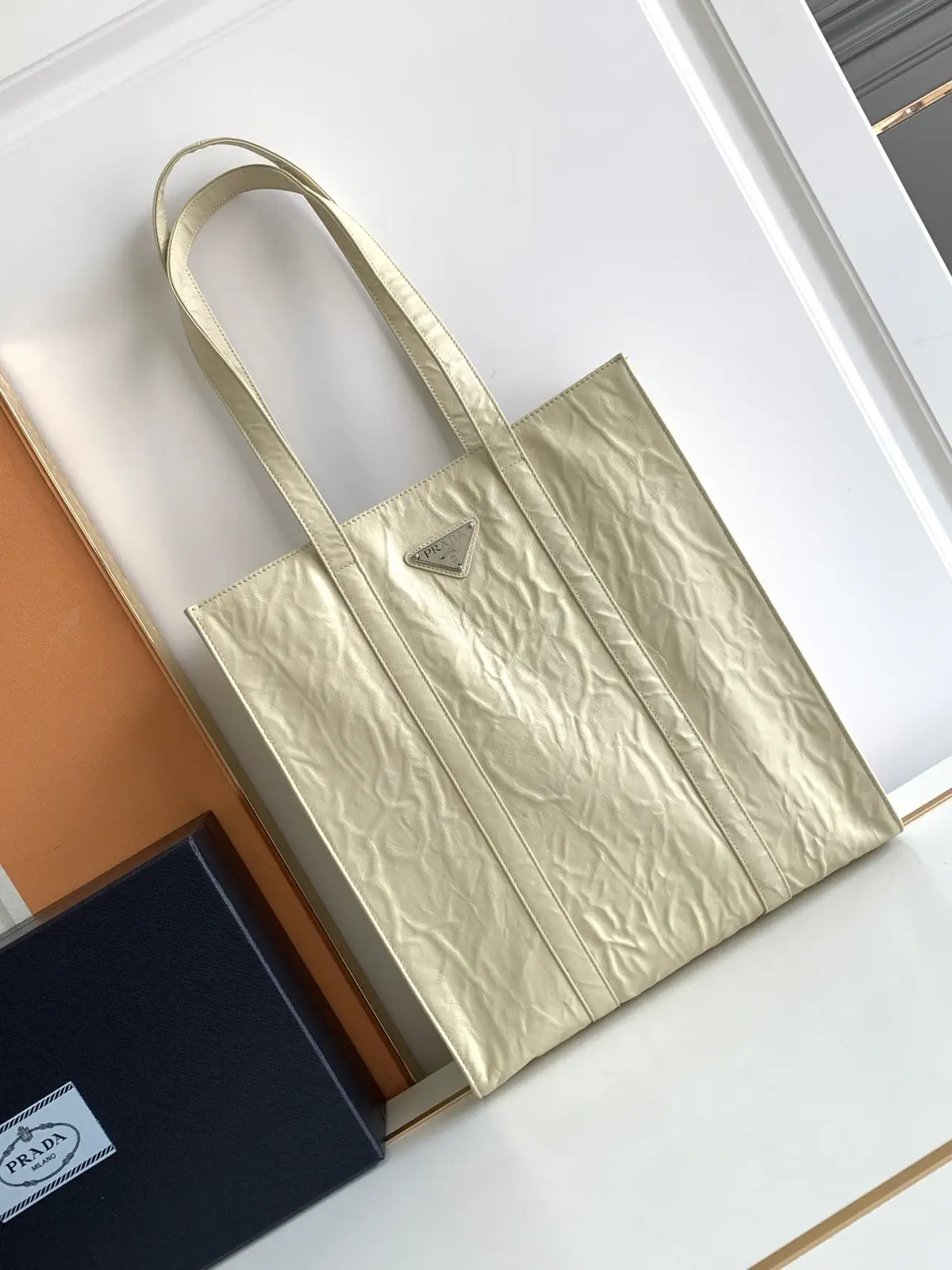 Prada Cream Crinkled Tote Bag image 1