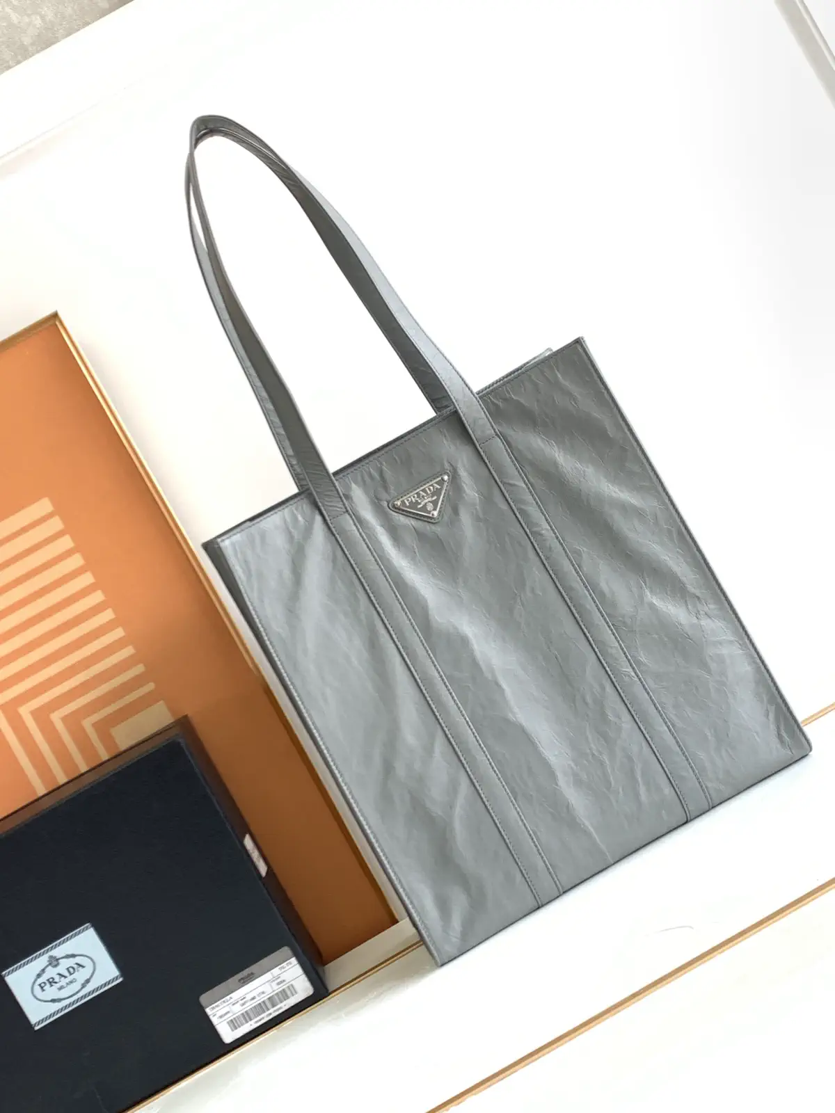 Prada Gray Crinkled Leather Tote Bag image 1