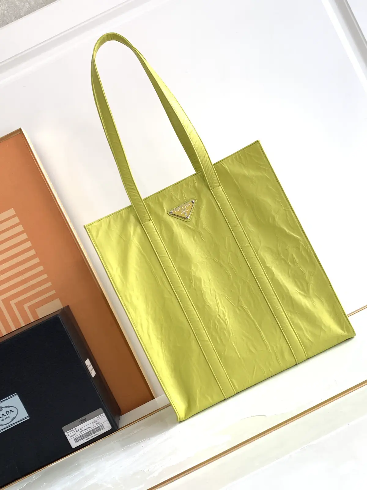 Prada Lime Green Crinkled Leather Tote Bag image 1