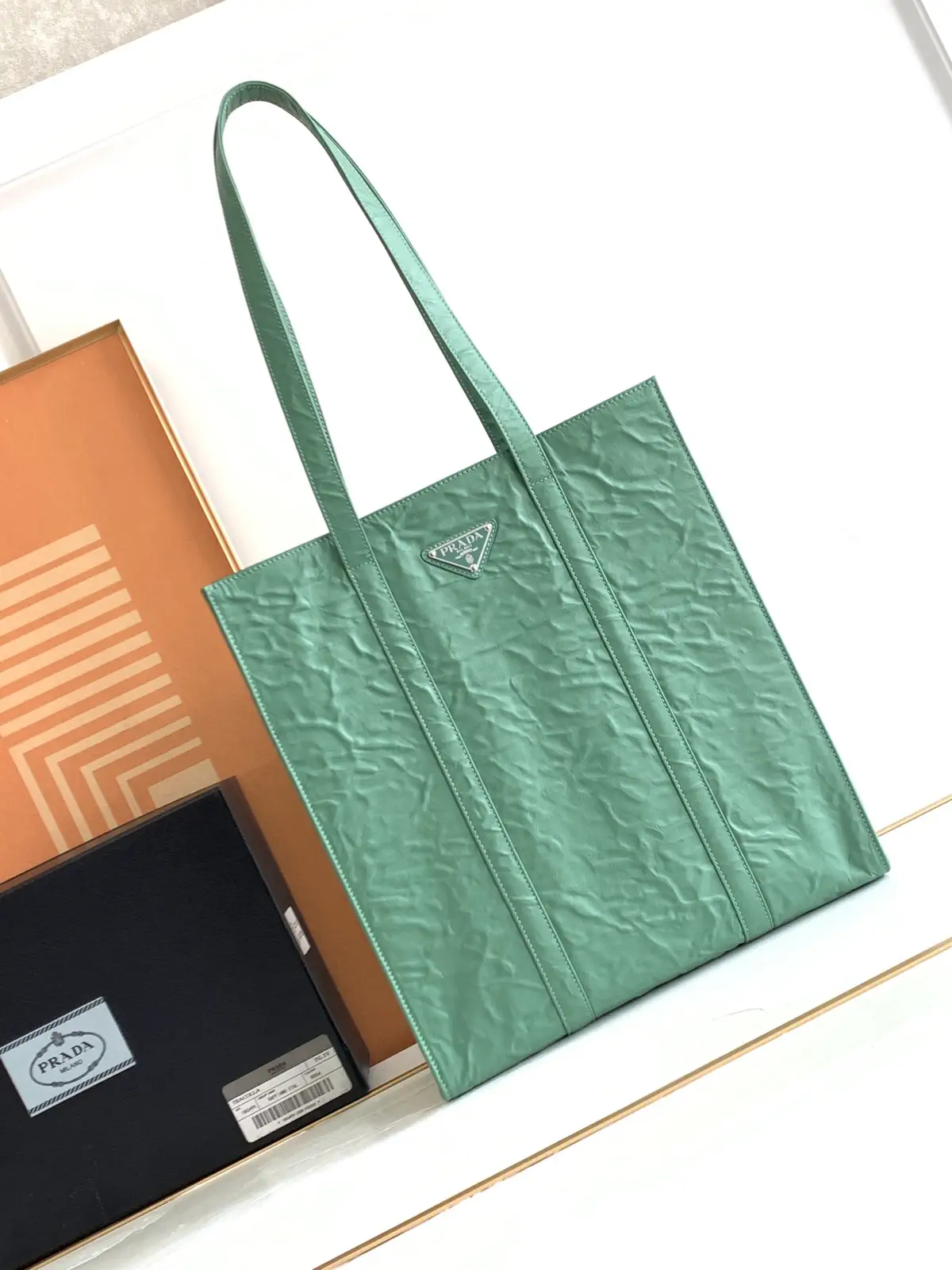 Prada Sage Green Crinkled Tote Bag image 1