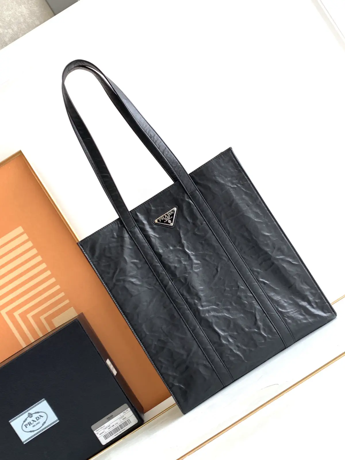 Prada Black Crinkled Leather Tote Bag image 1